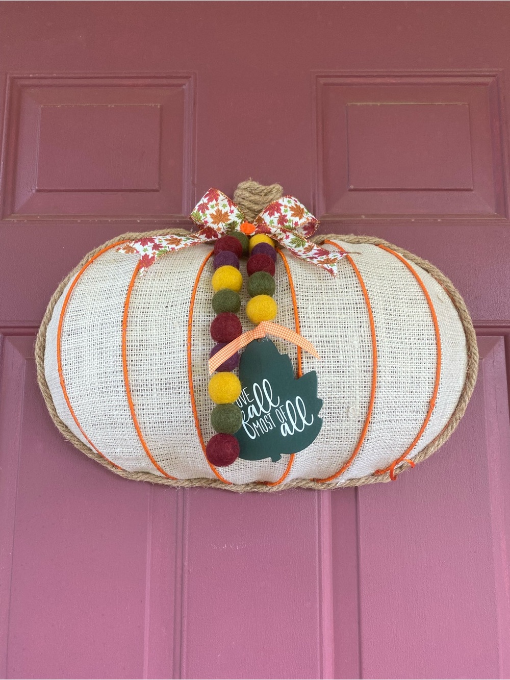 Autumn Burlap Pumpkin Door Decor - White Orange Green